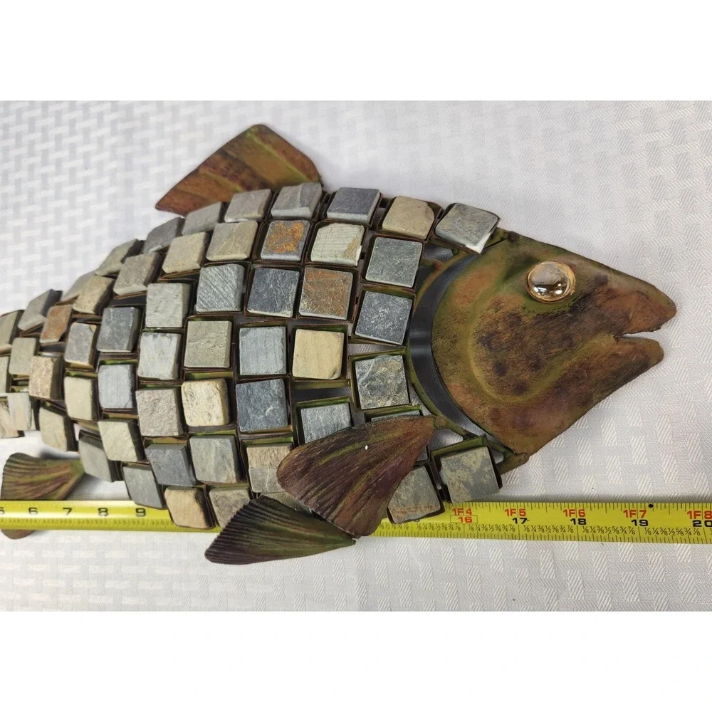 Metal Mosaic Fish Decorated with Inlaid Mosaic Stone Tiles 18x11